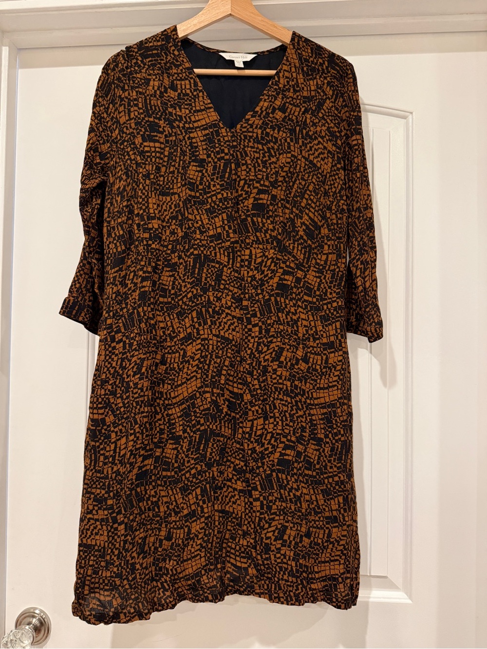 Garnet Hill Black and Brown Abstract V‑Neck Midi Dress